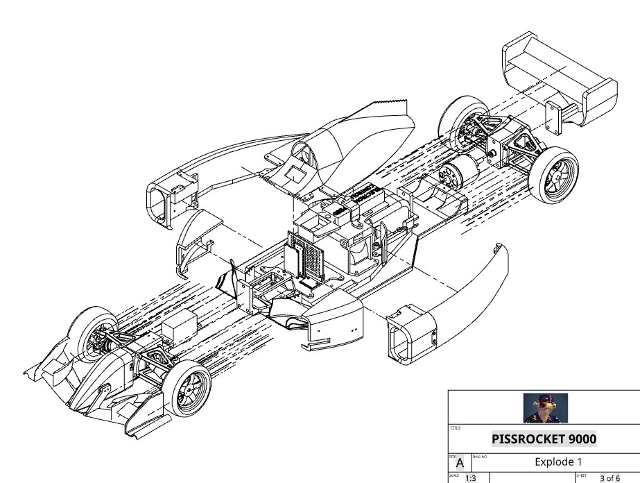 Exploded CAD view of the complete PSR9000 with bodywork, wheels, wings, and internal components
