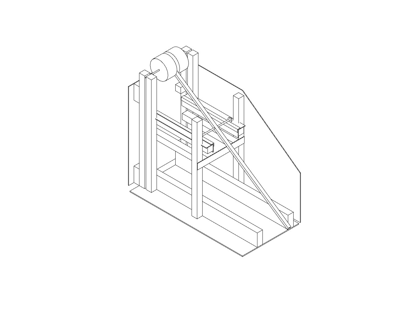 Isometric engineering drawing of the floating-arm trebuchet